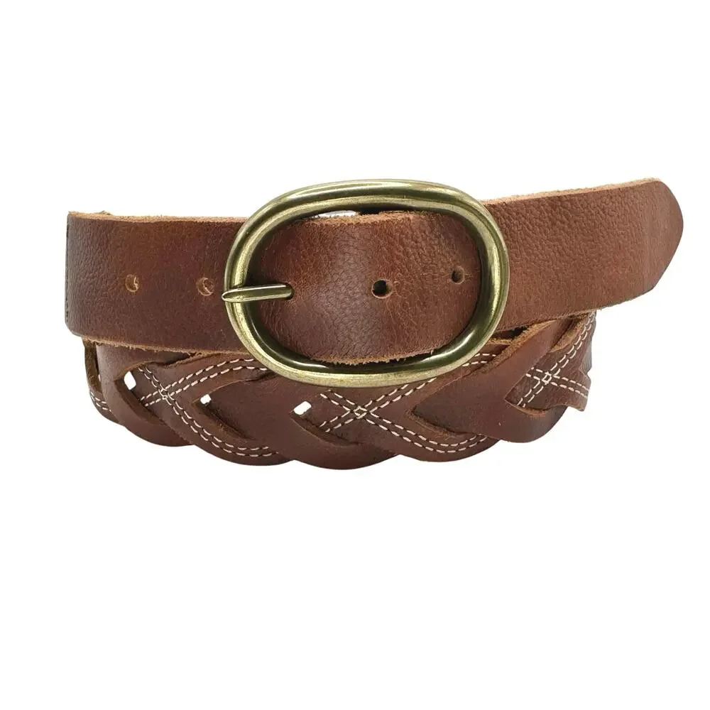 Lucky Brand | Women | Braided Walnut Interlock Brass Buckle Leather Belt | Large